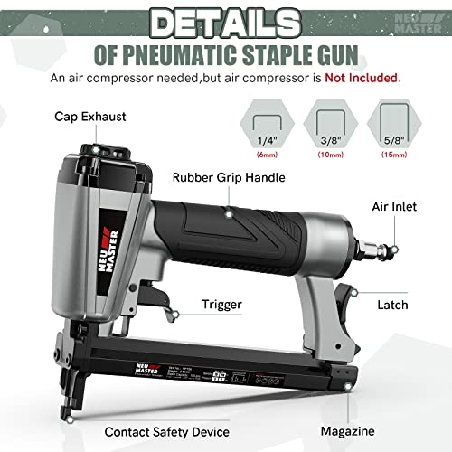 NEU MASTER Pneumatic Staple Gun, 20 Gauge Upholstery Stapler with 1500Pcs T50 1/4", 3/8", 5/8" Staples and BMC Carrying Case, Heavy Duty Staple Gun for Woodworking and DIY Projects