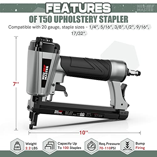 NEU MASTER Pneumatic Staple Gun, 20 Gauge Upholstery Stapler with 1500Pcs T50 1/4", 3/8", 5/8" Staples and BMC Carrying Case, Heavy Duty Staple Gun for Woodworking and DIY Projects