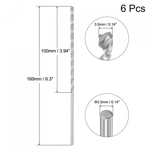 uxcell HSS(High Speed Steel) Extra Long Twist Drill Bits, 3.5mm Drill Diameter 160mm Length for Hardened Metal Woodwork Plastic Aluminum Alloy 6 Pcs