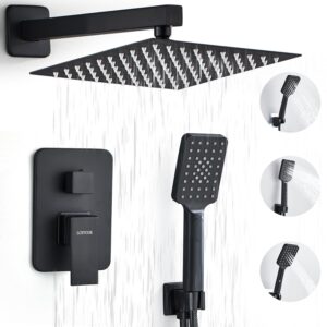lcevcgk shower head, shower faucet set square shower combo system with 8'' rainfall shower head wall mount 3-setting handheld shower,stainless steel bath shower head,matte black