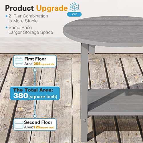 SAKSUN Round Outdoor Side Table, 18 Inch End Table 2-Tier Plastic Adirondack Tables with Storage Shelf, Weather Resistant for Patio,Garden, Porch (Grey)