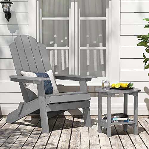 SAKSUN Round Outdoor Side Table, 18 Inch End Table 2-Tier Plastic Adirondack Tables with Storage Shelf, Weather Resistant for Patio,Garden, Porch (Grey)