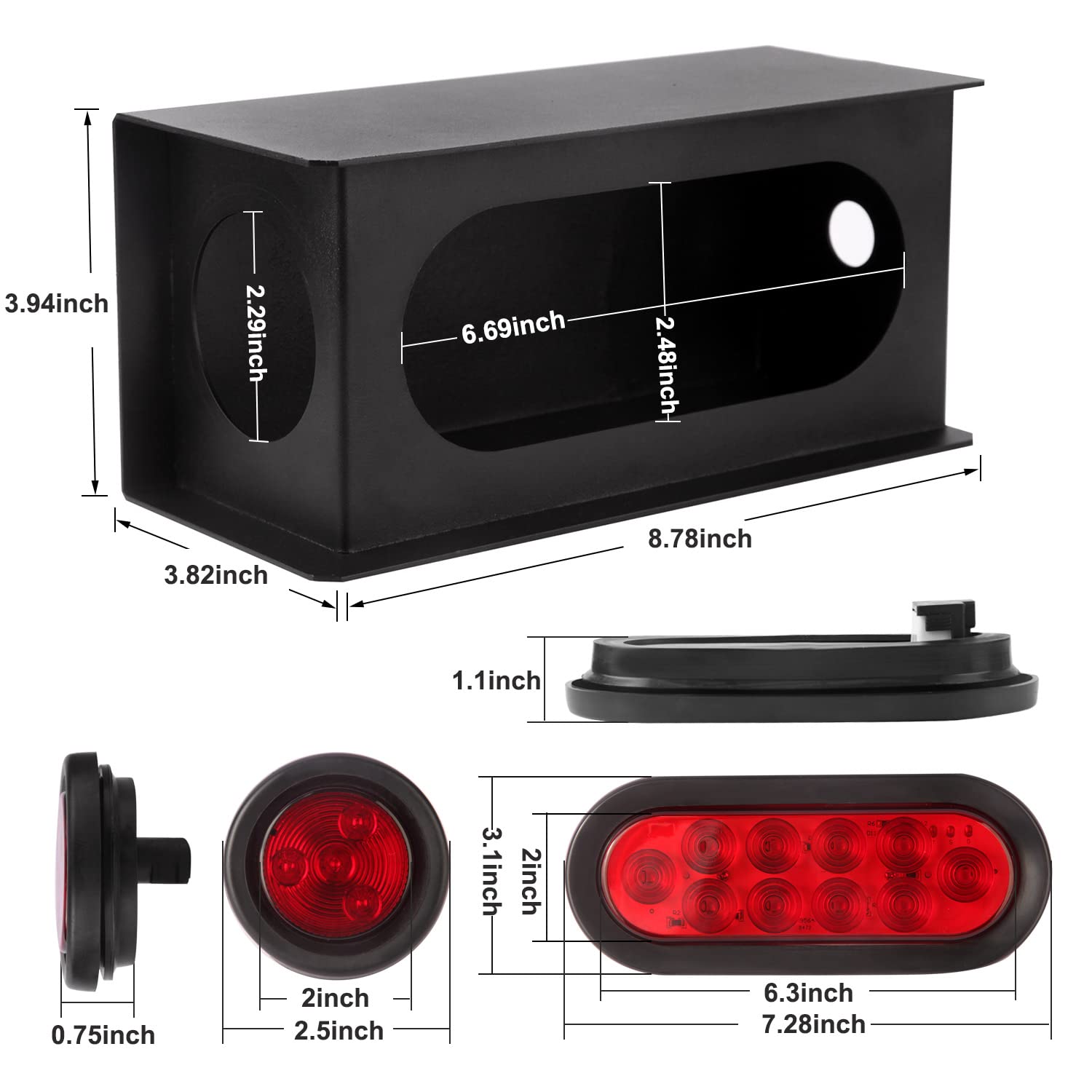 Partswcgg 2Pcs Steel Trailer Lights Boxes Housing Kit w/6 Inch Oval Red LED Trailer Tail Lights 10LED and 2" Round Red LED Side Marker Lights 4LED, Grommets and Wire Pigtails Connectors Included