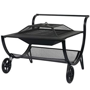 harbourside patio 27 inch fire pits outdoor wood burning with wheels, steel square firepit with grill, grate, spark screen, fire poker, portable fire pit for outside fireplace