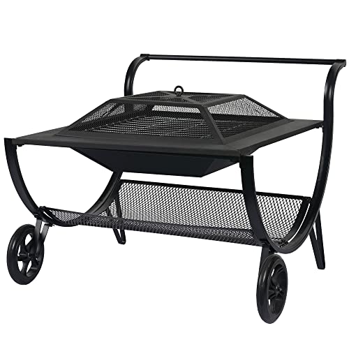 HARBOURSIDE Patio 27 Inch Fire Pits Outdoor Wood Burning with Wheels, Steel Square Firepit with Grill, Grate, Spark Screen, Fire Poker, Portable Fire Pit for Outside Fireplace