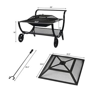 HARBOURSIDE Patio 27 Inch Fire Pits Outdoor Wood Burning with Wheels, Steel Square Firepit with Grill, Grate, Spark Screen, Fire Poker, Portable Fire Pit for Outside Fireplace