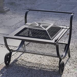 HARBOURSIDE Patio 27 Inch Fire Pits Outdoor Wood Burning with Wheels, Steel Square Firepit with Grill, Grate, Spark Screen, Fire Poker, Portable Fire Pit for Outside Fireplace