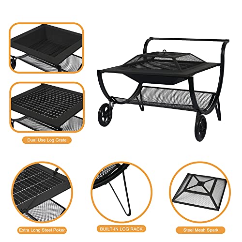 HARBOURSIDE Patio 27 Inch Fire Pits Outdoor Wood Burning with Wheels, Steel Square Firepit with Grill, Grate, Spark Screen, Fire Poker, Portable Fire Pit for Outside Fireplace