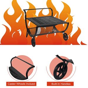 HARBOURSIDE Patio 27 Inch Fire Pits Outdoor Wood Burning with Wheels, Steel Square Firepit with Grill, Grate, Spark Screen, Fire Poker, Portable Fire Pit for Outside Fireplace