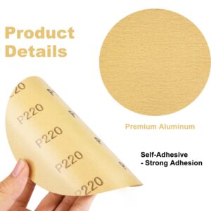 MIDO Professional Abrasive Gold PSA Sandpaper 6 Inch 100 PCS Sanding Discs 220 Grit Self Adhesive Stickyback Sandpaper Roll Aluminum Oxide Adhesive Backed Sandpaper for Wood, Metal, and Car Paint