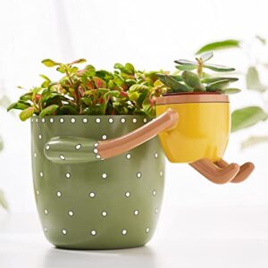 virtune adorable indoor plant pots. 5" flower pot & 2" small succulent pot with drainage. indoor planters, small plant pots indoor, cute pots for indoor plants, succulent planter (green)