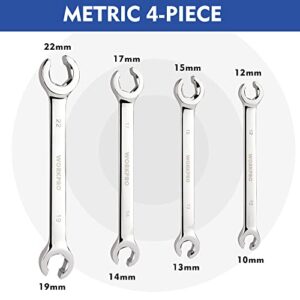 WORKPRO Flare Nut Wrench Set, Metric, 4-piece, 10, 12, 13, 14, 15, 17, 19, 22mm, Cr-V Steel, 15° Offset End Brake Line Wrenches Set, Organizer Pouch Included