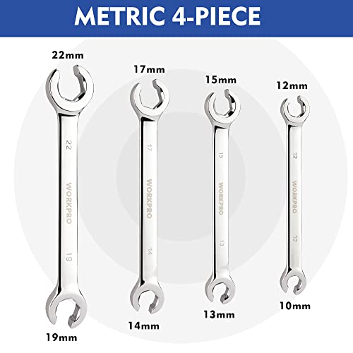 WORKPRO Flare Nut Wrench Set, Metric, 4-piece, 10, 12, 13, 14, 15, 17, 19, 22mm, Cr-V Steel, 15° Offset End Brake Line Wrenches Set, Organizer Pouch Included