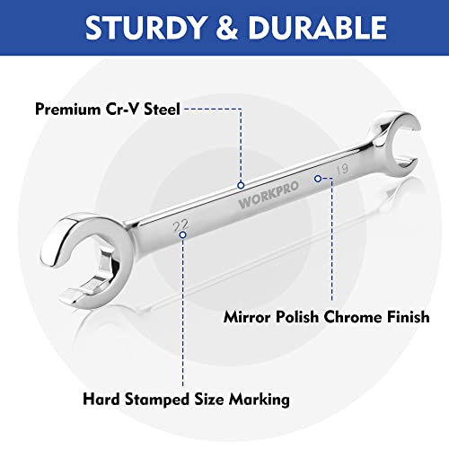 WORKPRO Flare Nut Wrench Set, Metric, 4-piece, 10, 12, 13, 14, 15, 17, 19, 22mm, Cr-V Steel, 15° Offset End Brake Line Wrenches Set, Organizer Pouch Included