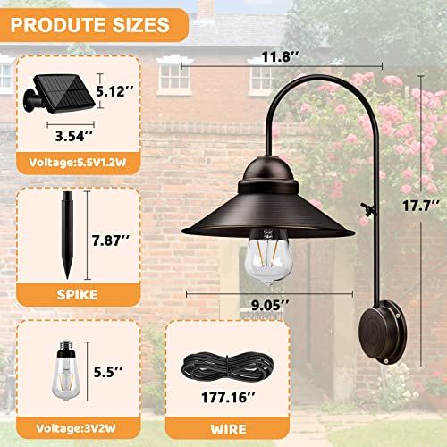 CREATIVE DESIGN Solar Barn Lights Outdoor, Retro Porch Light with 2 Lighting Modes, Gooseneck Metal Solar Shed Light, Waterproof Solar Wall Sconce for Backyard Garden Garage Terrace Patio Yard(Brown)