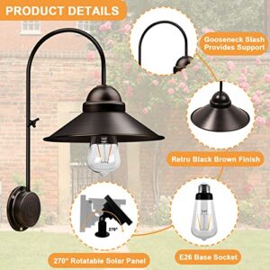 CREATIVE DESIGN Solar Barn Lights Outdoor, Retro Porch Light with 2 Lighting Modes, Gooseneck Metal Solar Shed Light, Waterproof Solar Wall Sconce for Backyard Garden Garage Terrace Patio Yard(Brown)