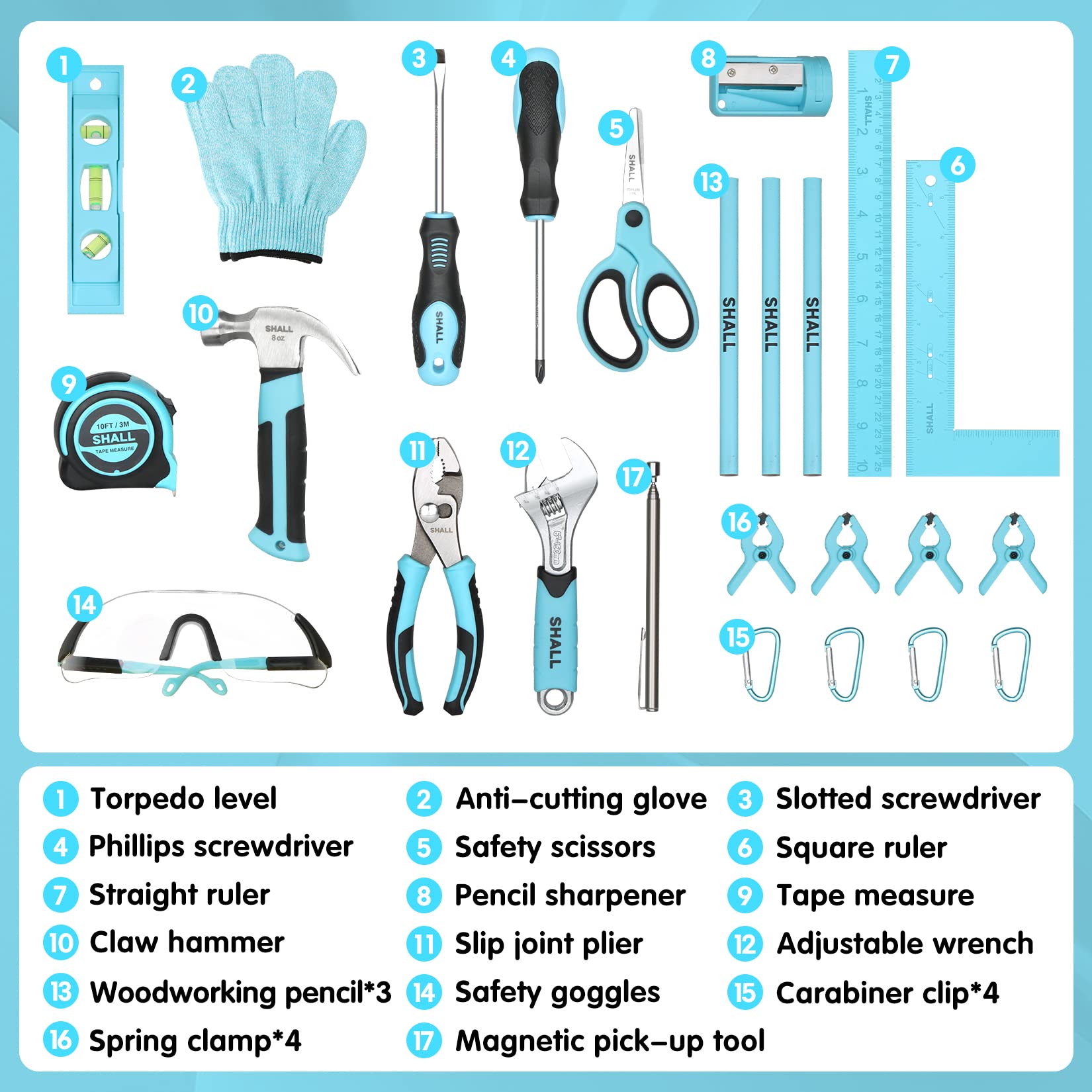 SHALL 26-Piece Kids Size Tool Set, Real Tools Kit for Kids with 12" Tool Bag, Safety Certified Children Learning Tool Set with Hand Tools for Boys & Girls Age 6+, DIY Building, Woodwork & Construction