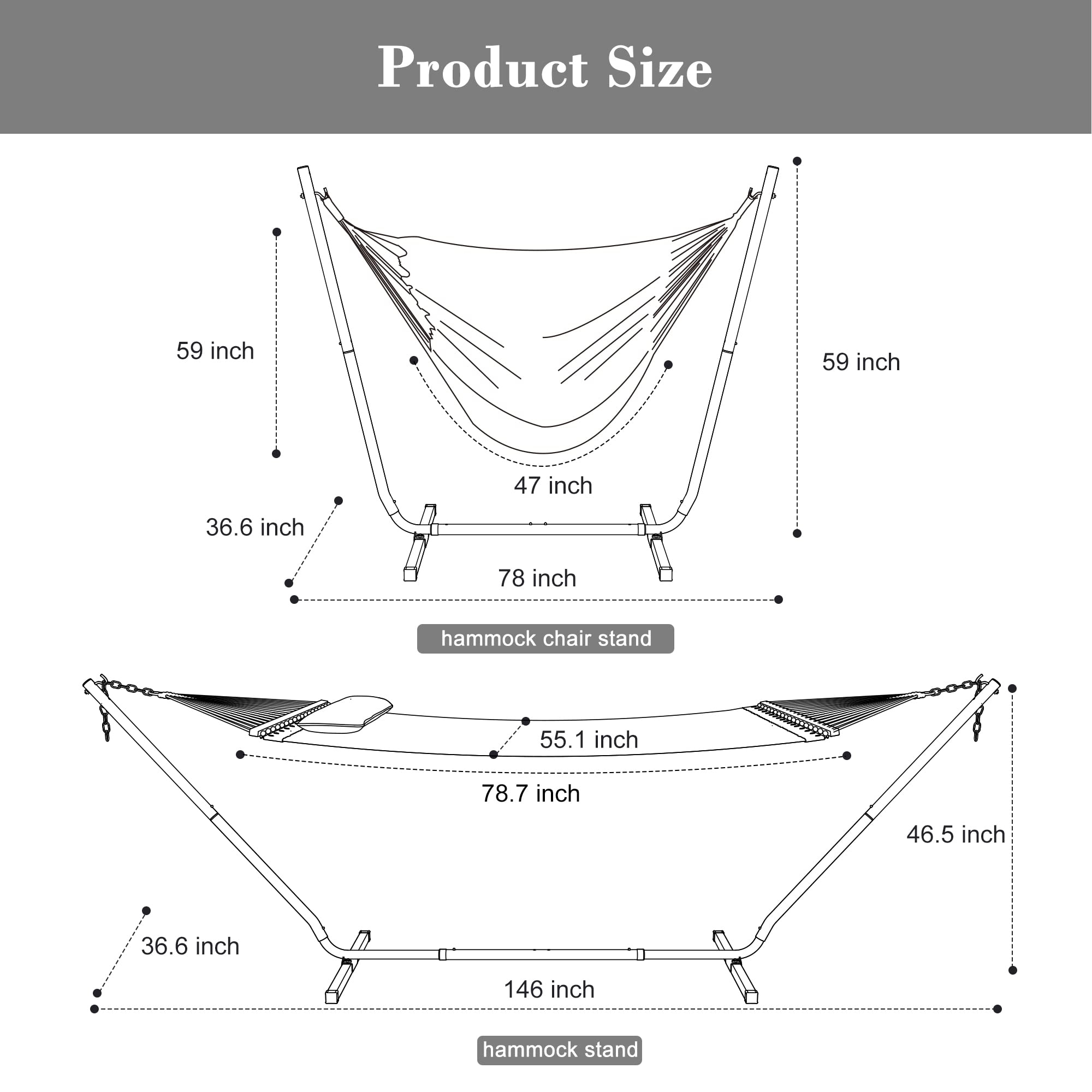 SUNCREAT 2-in-1 Outdoor Patio Hammock with Stand, Large Fluffy Pillow, Free Standing Double Hammock, Patent Pending, Dark Gray