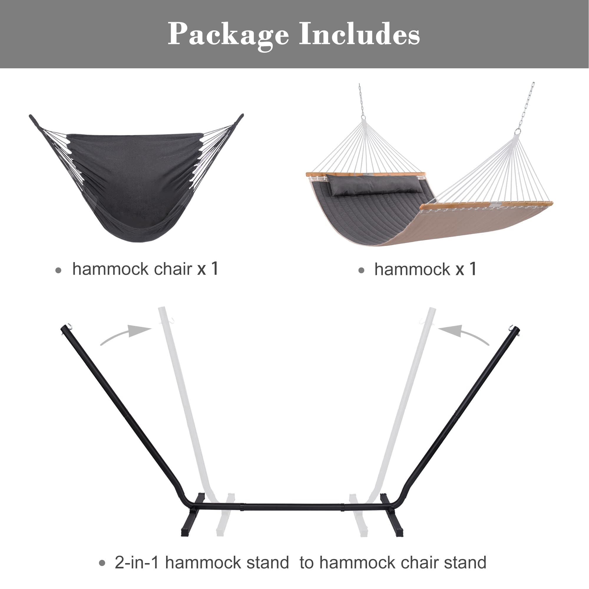 SUNCREAT 2-in-1 Outdoor Patio Hammock with Stand, Large Fluffy Pillow, Free Standing Double Hammock, Patent Pending, Dark Gray