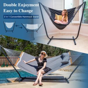 SUNCREAT 2-in-1 Outdoor Patio Hammock with Stand, Large Fluffy Pillow, Free Standing Double Hammock, Patent Pending, Dark Gray