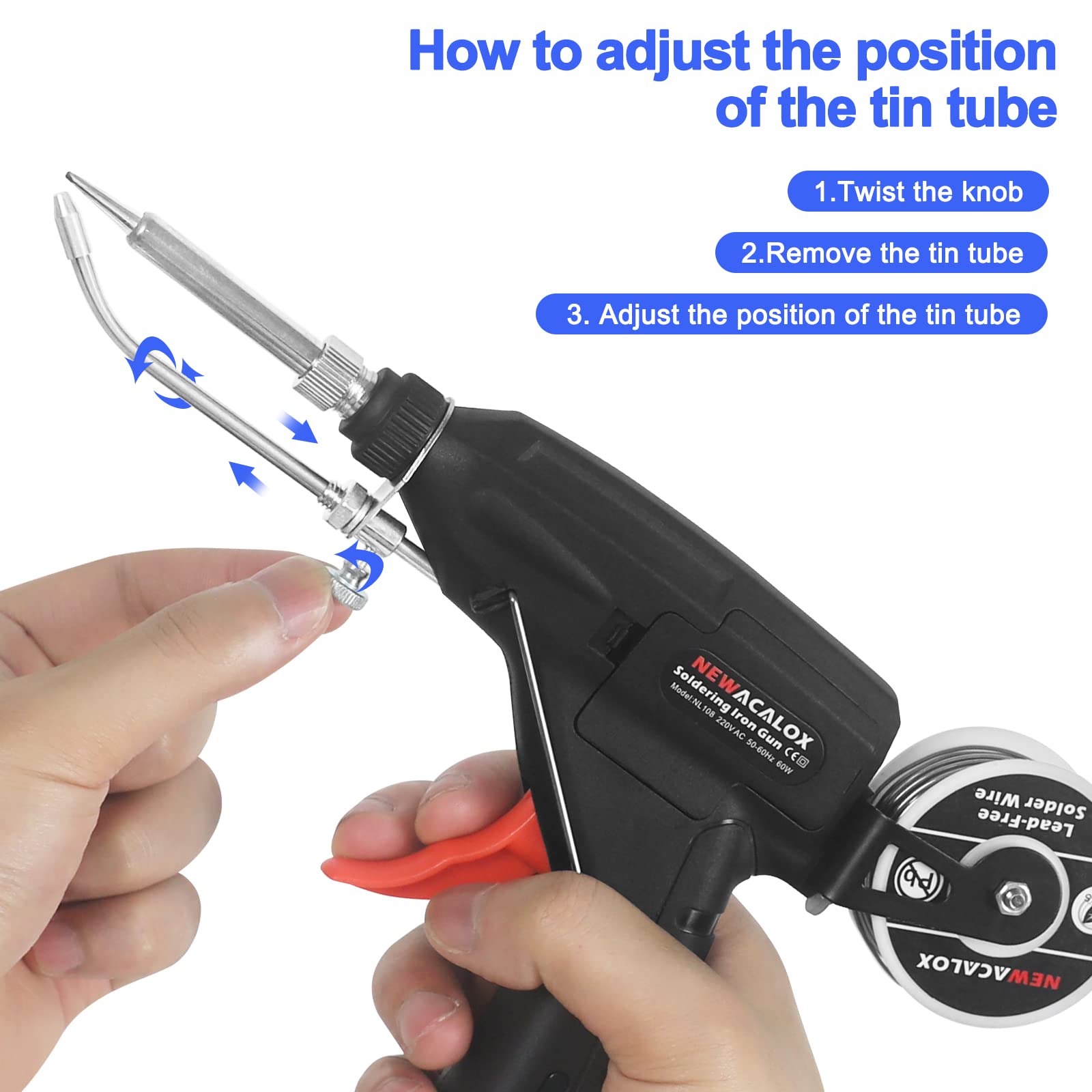 NEWACALOX Soldering Gun, 60W Automatic Hand-held Soldering Iron Kit with Bracket, Solder Wire, Desoldering Pump, Iron Tips for Electronics, Car Repair, Home DIY