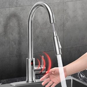 spring touchless kitchen faucet with pull down sprayer, stainless steel commercial high arc flow motion sensor activated kitchen faucets, smart hands free faucet for kitchen sink (nickel)