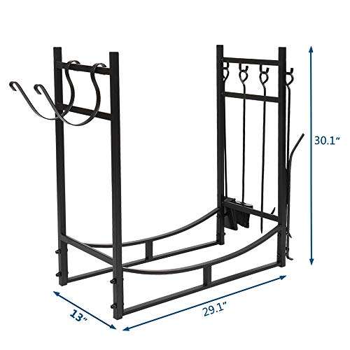 30 Inch All-In-One Heavy Duty Firewood Rack with Hooks & Fireplace Tools Set, Indoor/Outdoor Firewood Log Rack with Kindling Holder Shovel Poker Tongs Brush, Black