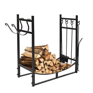 30 Inch All-In-One Heavy Duty Firewood Rack with Hooks & Fireplace Tools Set, Indoor/Outdoor Firewood Log Rack with Kindling Holder Shovel Poker Tongs Brush, Black