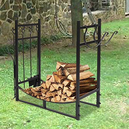 30 Inch All-In-One Heavy Duty Firewood Rack with Hooks & Fireplace Tools Set, Indoor/Outdoor Firewood Log Rack with Kindling Holder Shovel Poker Tongs Brush, Black