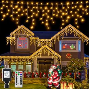 ollny icicle lights outdoor warm white, 720led 60ft christmas lights with remote 8 modes ip44 waterproof, dimmable connectable timer hanging lights for house outside yard indoor decorations