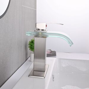 AVSIILE LED Bathroom Sink Faucet, Brushed Nickel Waterfall Single Hole Handle Vanity Faucets for Sinks 1 Hole with Metal Pop Up Drain and 2 Water Supply Lines, Wide Glass Spout