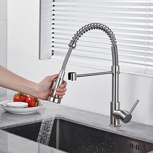 Apetecer Kitchen Faucets with Pull Down Sprayer Commercial Solid Brass Single Handle Kitchen Sink Faucets for Farmhouse Camper Laundry Utility Rv Wet Bar Sinks Brushed Nickel