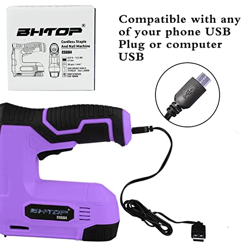 BHTOP Purple Cordless Staple Gun, 4V Power Brad Nailer/Staple Nailer，Electric Staple with Rechargeable USB Charger (Include 1500pcs Staples and 1500pcs Brad Nails)