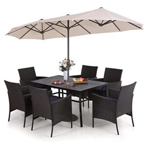 sophia & william 7 pieces patio dining set with 13ft umbrella for outside, metal patio table and rattan chairs set with cushion, beige