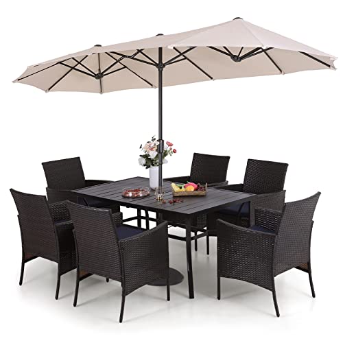 Sophia & William 7 Pieces Patio Dining Set with 13ft Umbrella for Outside, Metal Patio Table and Rattan Chairs Set with Cushion, Beige