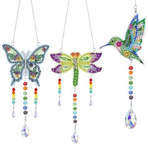 3 pieces diy diamond painting suncatcher wind chimes, 5d double sided hanging diamond art wind chime painting ornaments with crystal pendant for home garden decoration adults kids gift