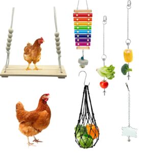 KIEYYRYT 6 Packs Chicken Toys for Coop Accessries, Chicken Swing Toys for Chicken Hens, Chicken Xylophone Toys and Mirror, Vegetable Hanging Feeder, Veggies Skewer