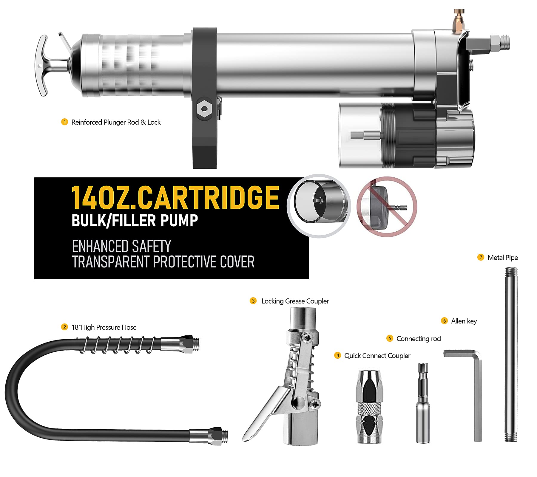 ATIVERE Electric Grease Gun Drill Adapter with 14 OZ Load, Locking Grease Gun Coupler, 12 Inch High Pressure Hose, Extension Rigid Pipe, Pneumatic Tool, Universal Conversion Gun Head