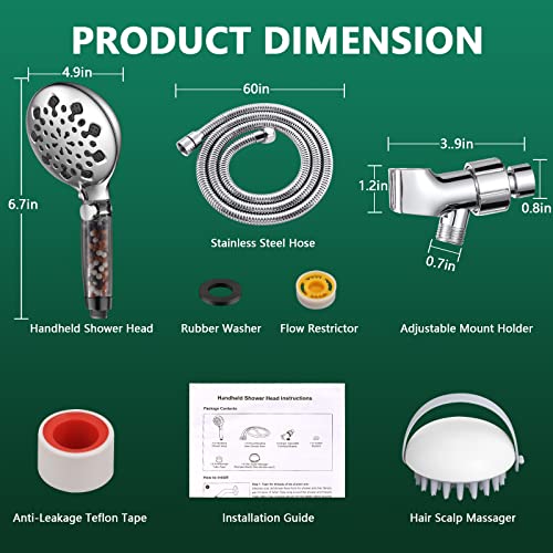 Filtered Shower Head for Hard Water Handheld,9 Spray Modes+Jet Flush High Pressure Filtered Detachable Showerhead,Water Softener Showerheads with 60"Long Hose,Adjustable Holder,Water Flow Restricter