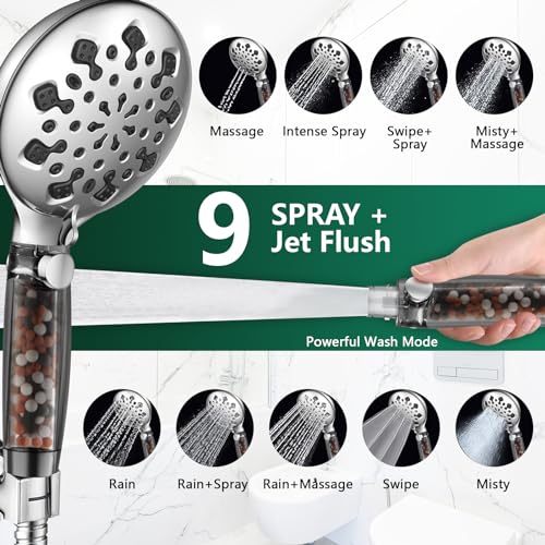 Filtered Shower Head for Hard Water Handheld,9 Spray Modes+Jet Flush High Pressure Filtered Detachable Showerhead,Water Softener Showerheads with 60"Long Hose,Adjustable Holder,Water Flow Restricter