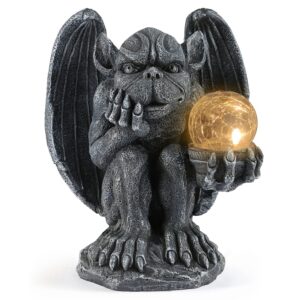 mibung large gargoyle statue holding magic orb with solar lights outdoor decor, gargoyle monster dragon garden guardian gothic creep scary sculpture, patio yard lawn decoration, valentine's day gift