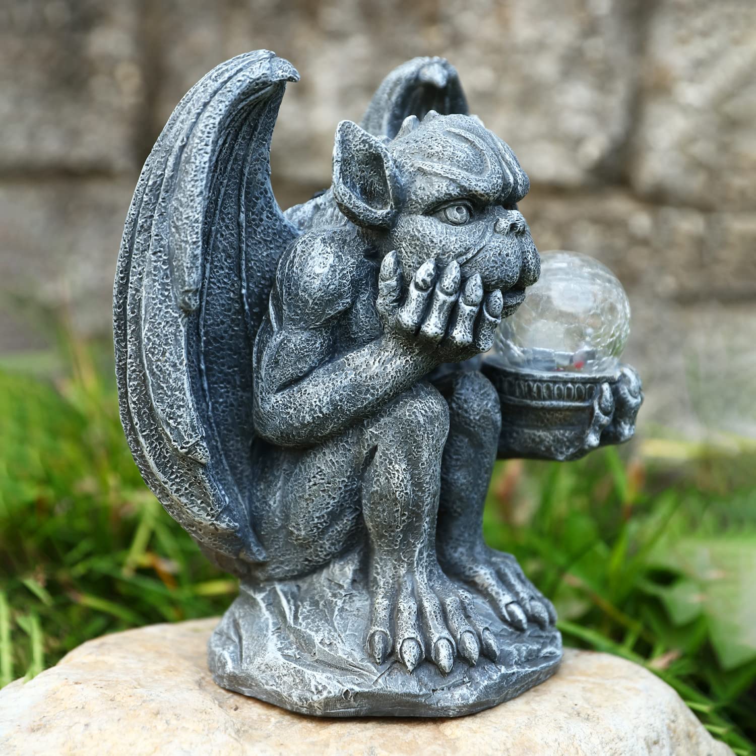 MIBUNG Large Gargoyle Statue Holding Magic Orb with Solar Lights Outdoor Decor, Gargoyle Monster Dragon Garden Guardian Gothic Creep Scary Sculpture, Patio Yard Lawn Decoration, Valentine's Day Gift