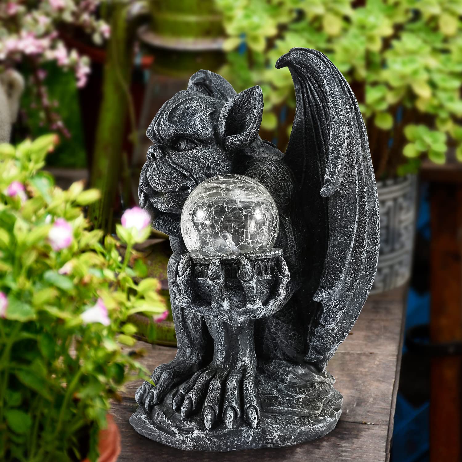 MIBUNG Large Gargoyle Statue Holding Magic Orb with Solar Lights Outdoor Decor, Gargoyle Monster Dragon Garden Guardian Gothic Creep Scary Sculpture, Patio Yard Lawn Decoration, Valentine's Day Gift