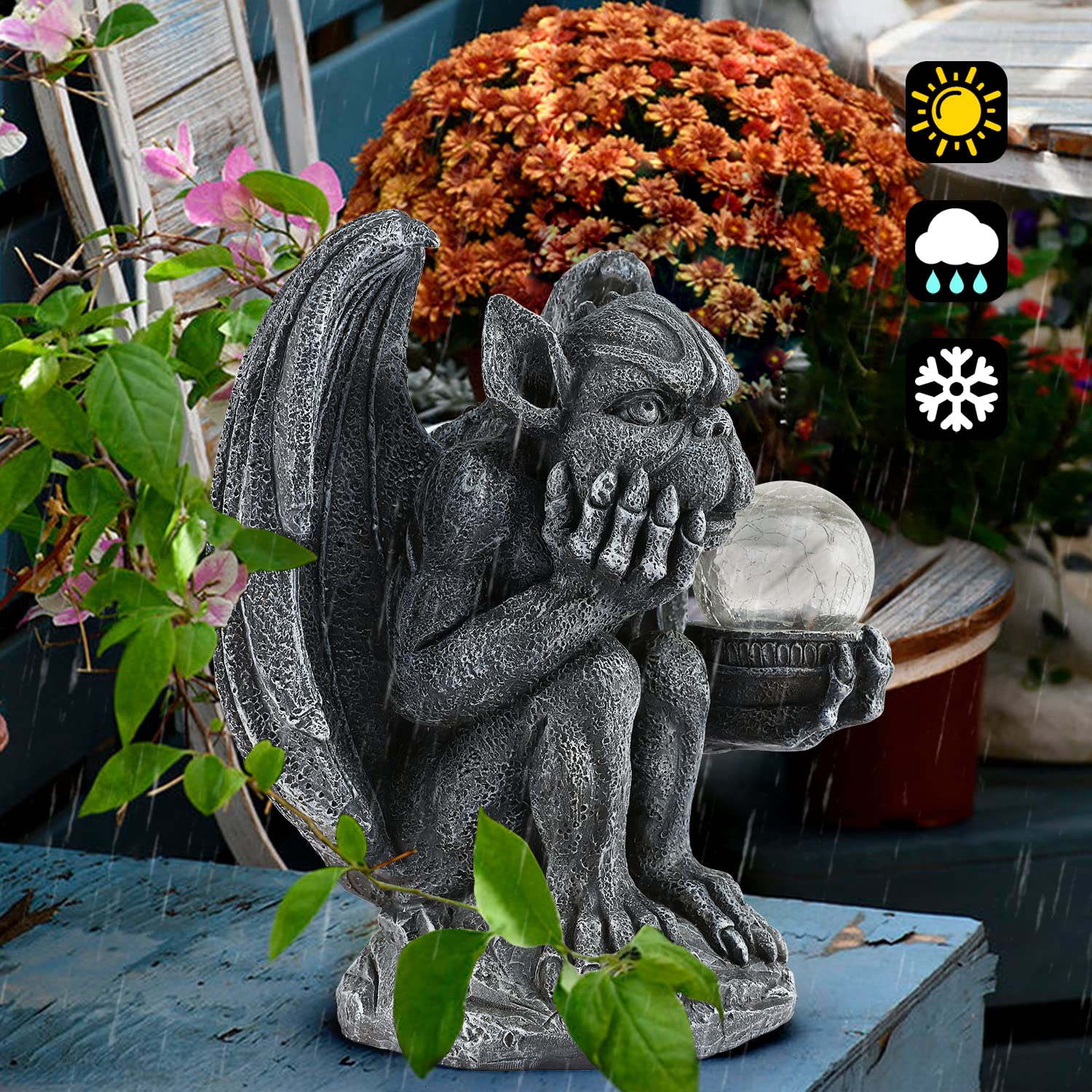 MIBUNG Large Gargoyle Statue Holding Magic Orb with Solar Lights Outdoor Decor, Gargoyle Monster Dragon Garden Guardian Gothic Creep Scary Sculpture, Patio Yard Lawn Decoration, Valentine's Day Gift