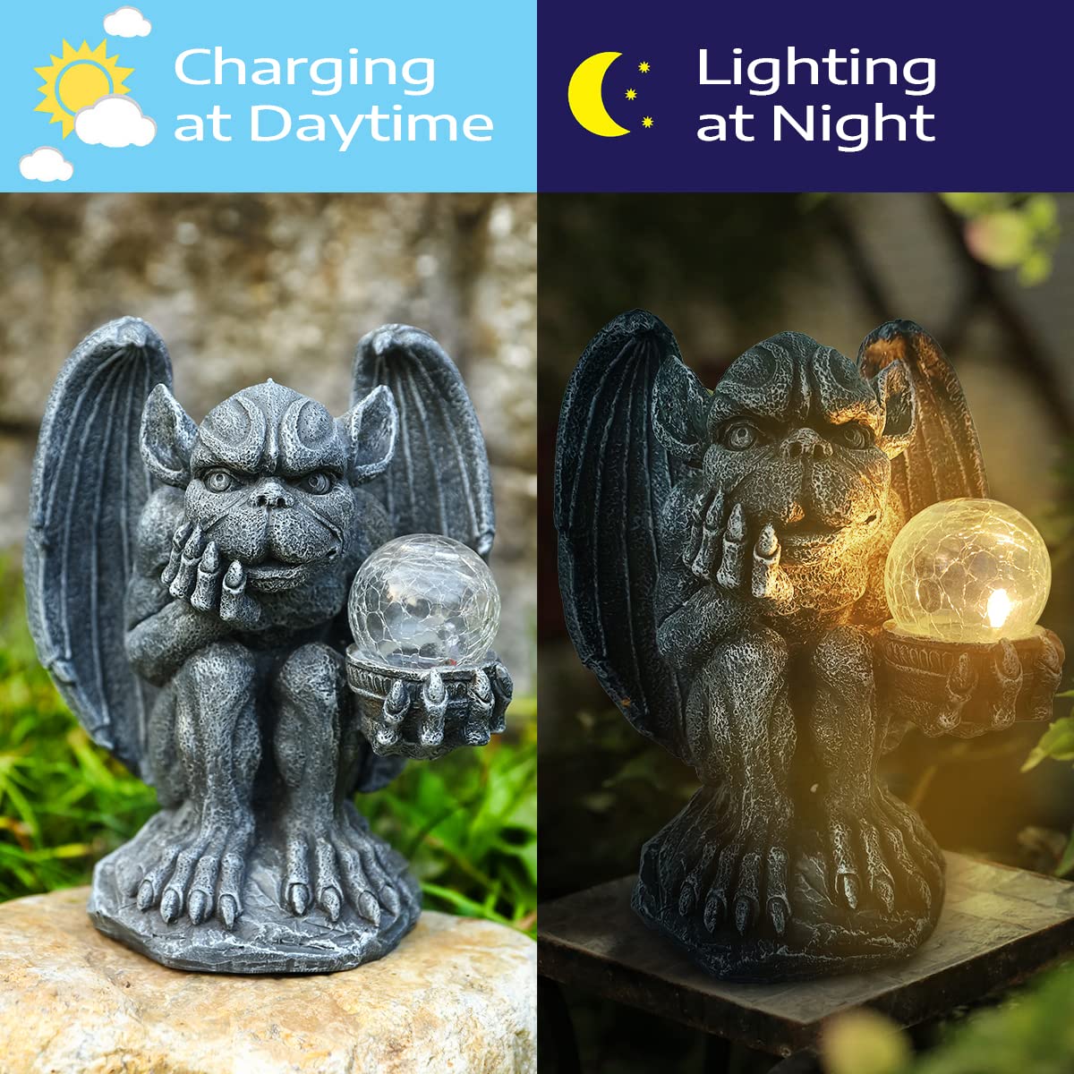 MIBUNG Large Gargoyle Statue Holding Magic Orb with Solar Lights Outdoor Decor, Gargoyle Monster Dragon Garden Guardian Gothic Creep Scary Sculpture, Patio Yard Lawn Decoration, Valentine's Day Gift