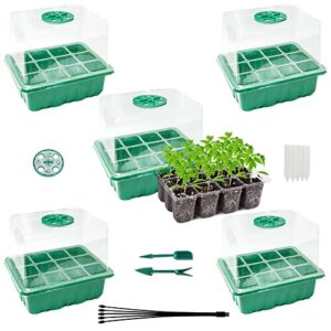 KENNEDICH Seed Starter Tray, 5 Pack Seeding Starter Growing Kit with Light, Grow Trays for Seeds Starting, Indoor Gardening Plant Germination Trays with Adjustable Humidity and 4" Heigher Cover