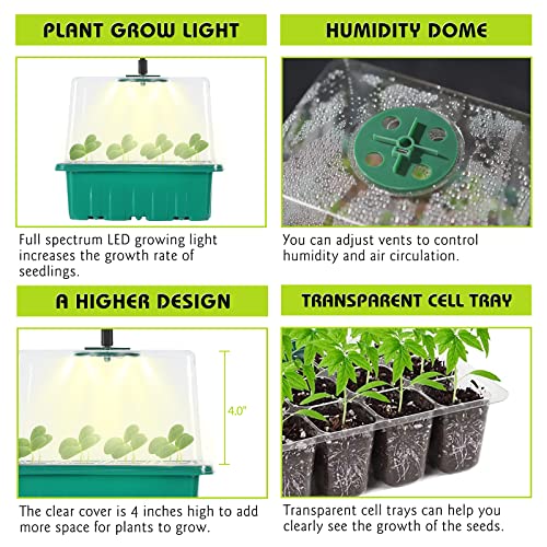 KENNEDICH Seed Starter Tray, 5 Pack Seeding Starter Growing Kit with Light, Grow Trays for Seeds Starting, Indoor Gardening Plant Germination Trays with Adjustable Humidity and 4" Heigher Cover