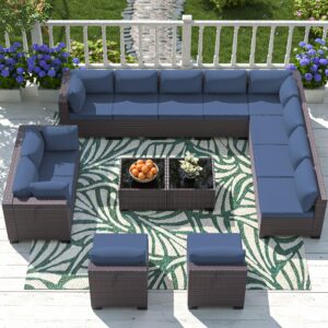 asjmr outdoor patio furniture set, 14 pieces outdoor sectional sofa, all-weather pe rattan conversation set with tempered glass top table & cushions(dark blue)