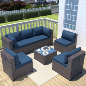 ASJMR Outdoor Patio Furniture Set, 14 Pieces Outdoor Sectional Sofa, All-Weather PE Rattan Conversation Set with Tempered Glass Top Table & Cushions(Dark Blue)