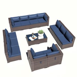 ASJMR Outdoor Patio Furniture Set, 14 Pieces Outdoor Sectional Sofa, All-Weather PE Rattan Conversation Set with Tempered Glass Top Table & Cushions(Dark Blue)